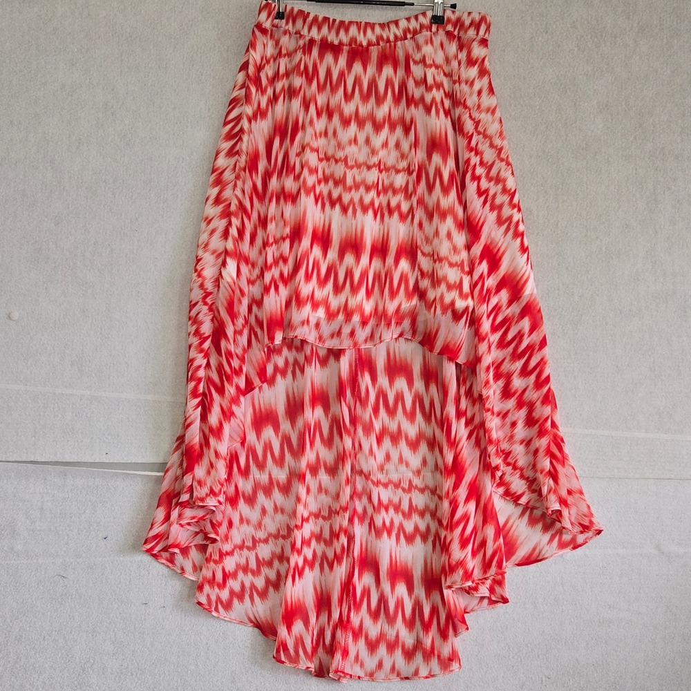New York & Company Red White High Low Maxi Skirt L( 35") Geometric Elastic Waist